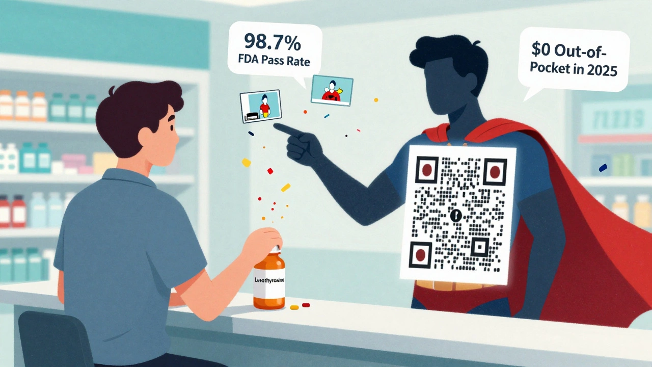 A patient reaches for a generic pill bottle while their shadow becomes a superhero cape made of QR codes projecting educational videos.