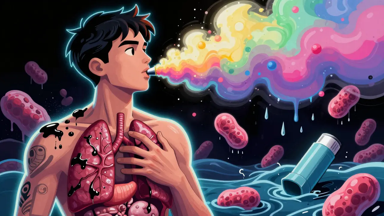 A person inhaling a candy-colored vape cloud that turns into a hand crushing their chest with damaged lungs inside.