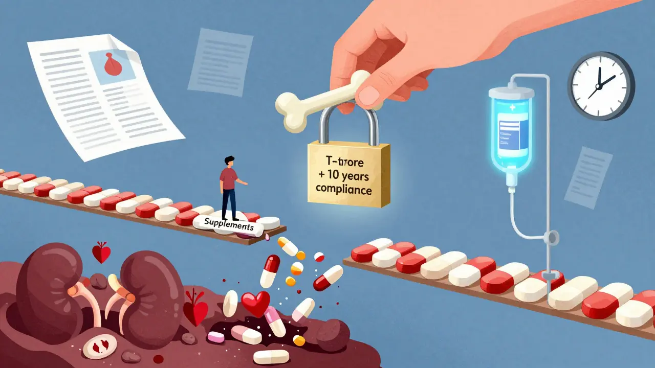 A person on a collapsing pill bridge, one side leading to kidney stones, the other to an IV drip and glowing medical charts.