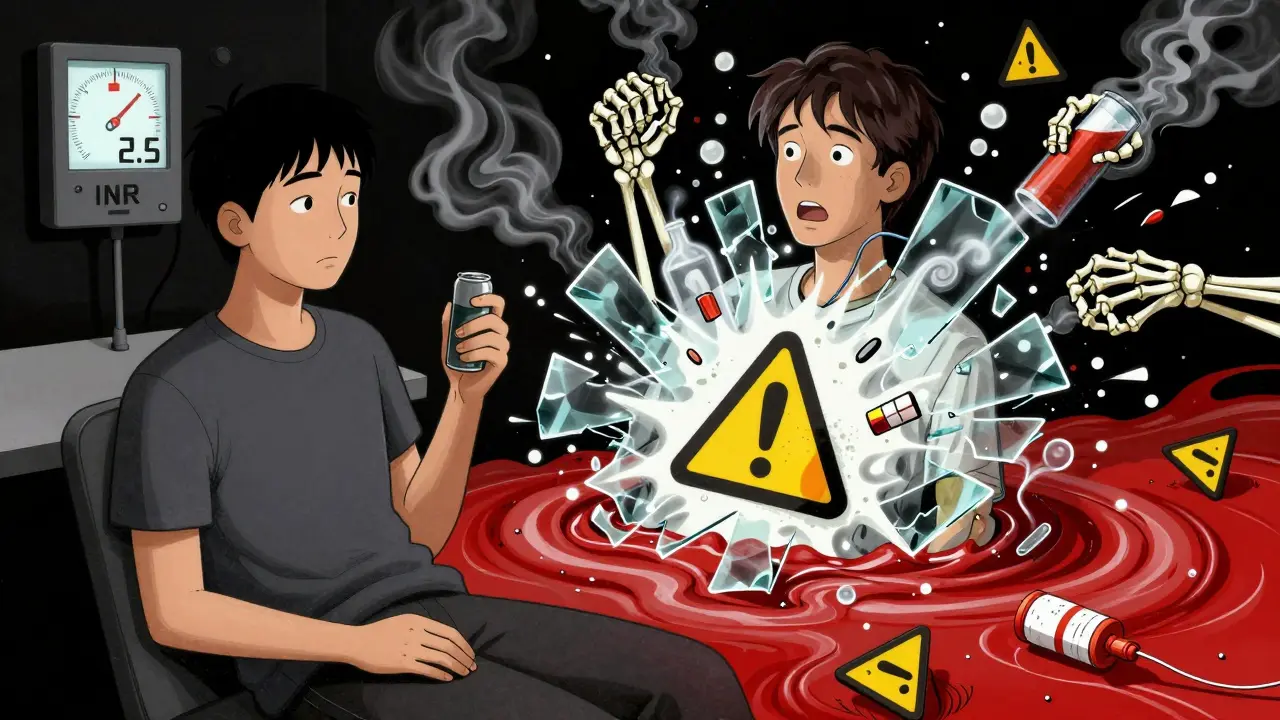 A person split between calm and chaotic states, with INR meters, alcohol vapors, and red rivers representing warfarin instability.