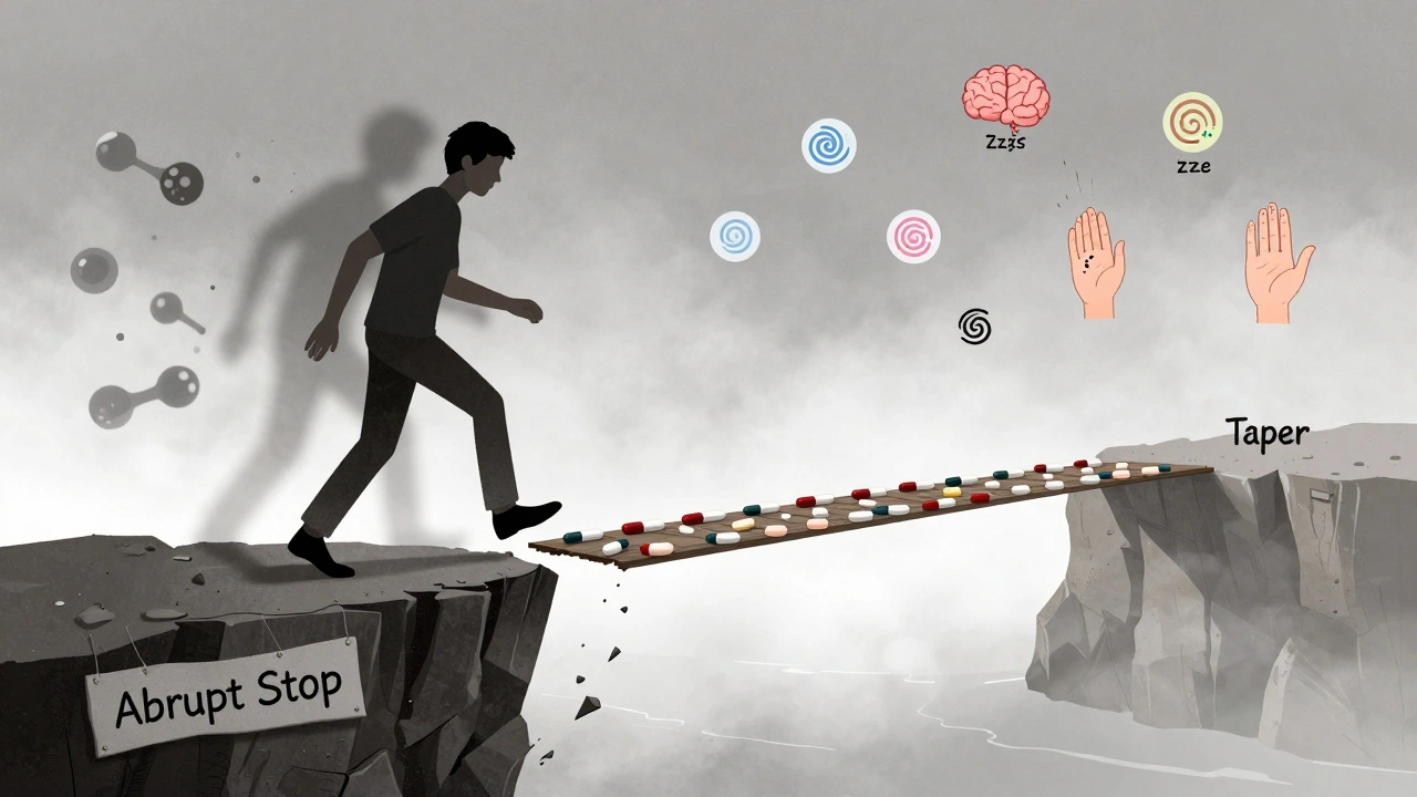 A person stepping off a crumbling cliff labeled &#039;Abrupt Stop&#039; toward a fragile pill-bridge to &#039;Taper&#039;.