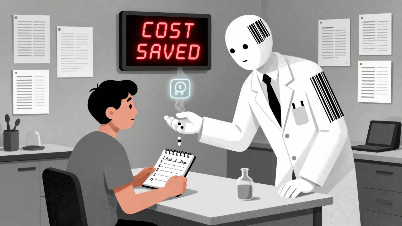 A person tracking symptoms at a table while a faceless pharmacist hands a dissolving pill, with a 'COST SAVED' screen glowing behind.