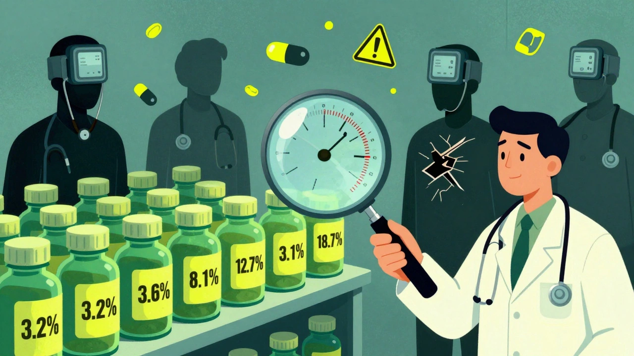 A pharmacist examining green coffee extract bottles with wildly varying caffeine levels, patients with BP monitors for heads in the background.