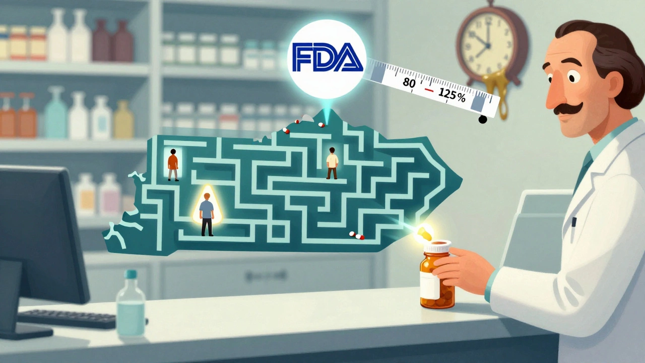 A pharmacy counter where pill bottles turn into state mazes, with one patient glowing in warning.