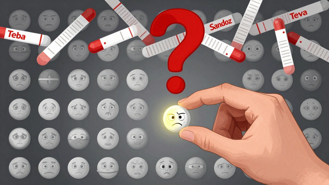 A pill morphing into a face as other pills with different manufacturer names float in a chaotic grid.