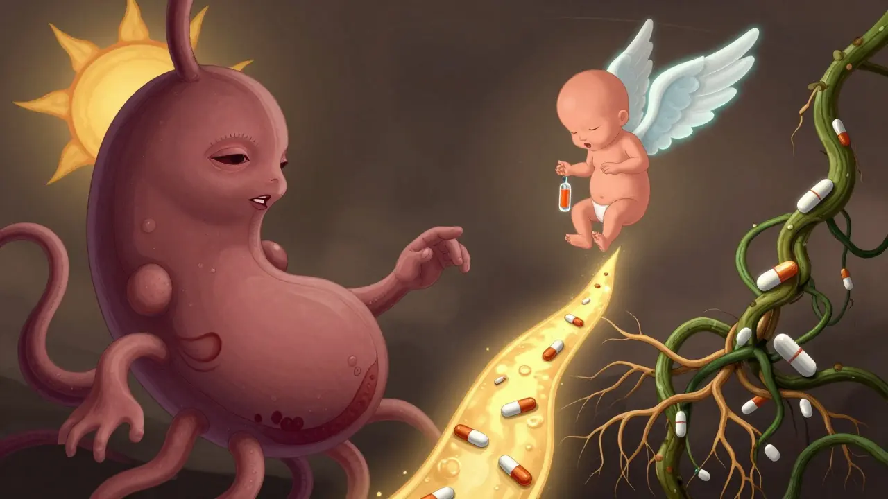 A placenta sun sends out hormone tentacles toward a pregnant belly, with insulin vials flying safely away while metformin pills creep closer.