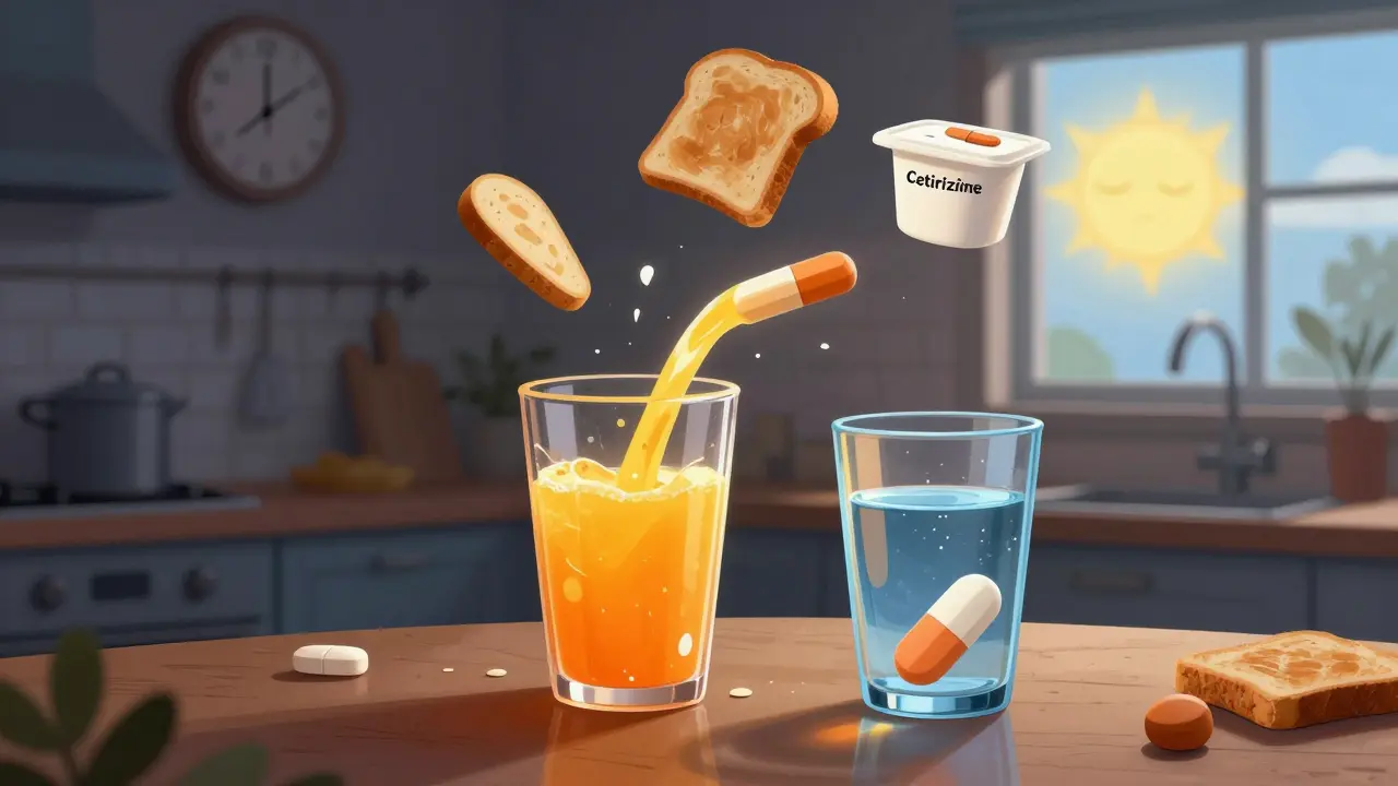A shattered orange juice glass near fexofenadine pill while cetirizine rests peacefully with water, floating food and clock in background.