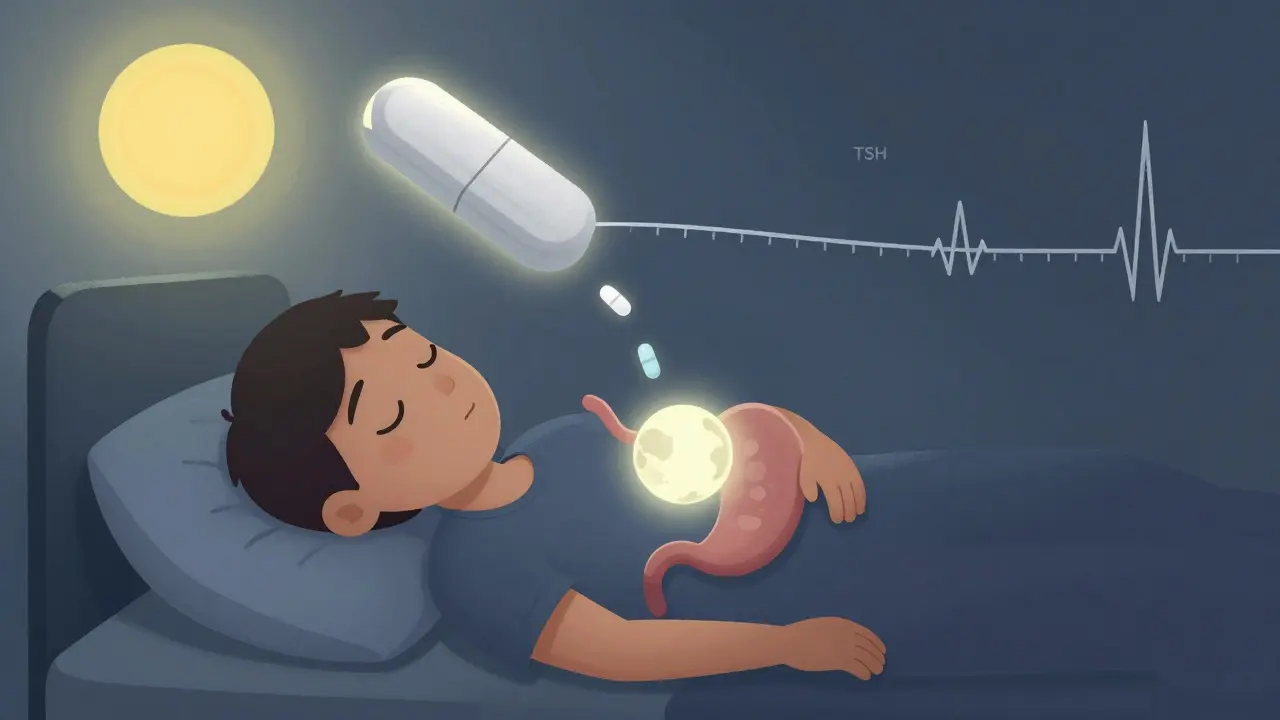 A sleeping patient with thyroid pill at night and iron tablet rising at dawn, connected by a timeline.