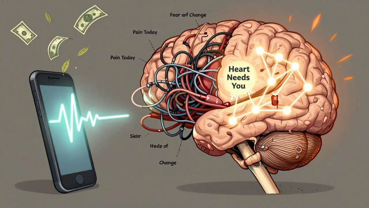 A split brain showing chaos from immediate fears versus calm guidance from a nurturing nudge, with a heartbeat SMS pulse.