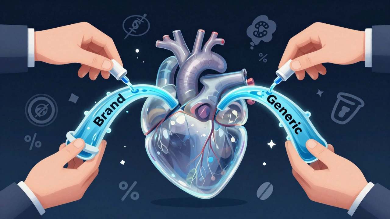 A transparent heart receives identical medication streams from brand and generic pills, monitored by invisible FDA hands amid abstract cost and efficacy symbols.