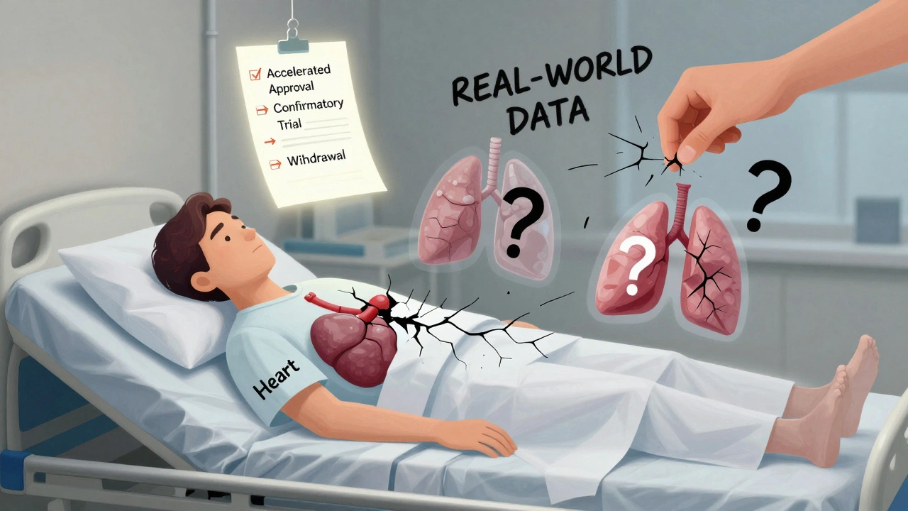 A transparent patient with damaged organs, watched by a floating checklist of drug approval failures.