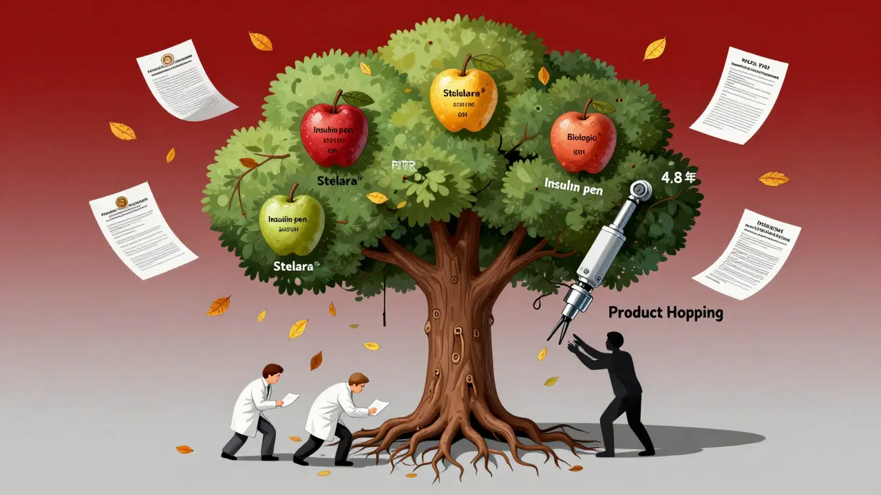 A tree with patented drug fruits being extended by a mechanical arm, while figures document every detail beneath.