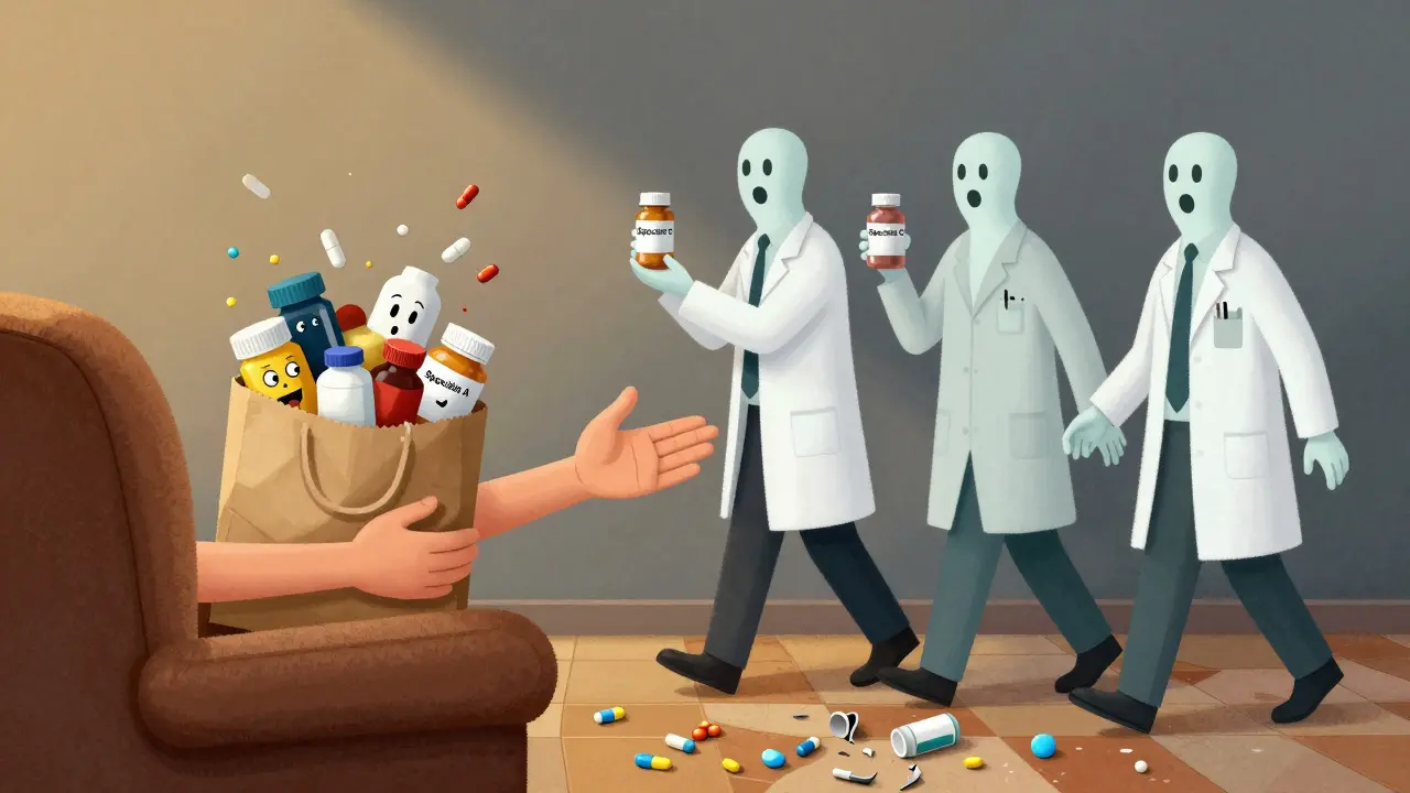 An arm reaching from a chair with a bag of pills, while ghostly doctors walk away.
