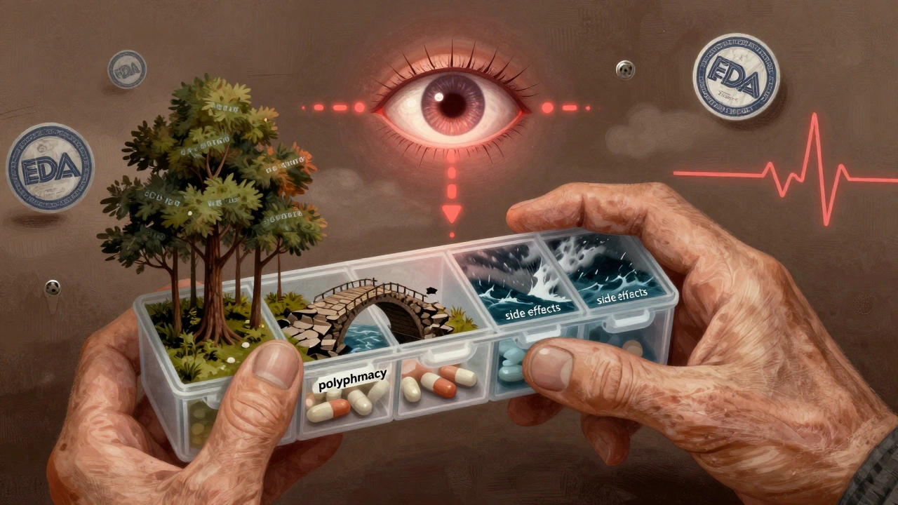 An elderly hand holds a pill organizer with miniature landscapes inside each compartment, symbolizing drug risks.