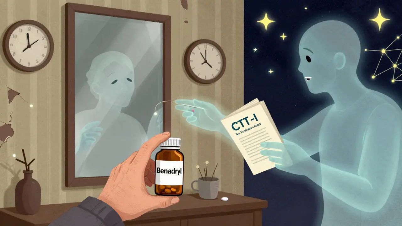 An elderly hand reaches for Benadryl while their younger self offers a better sleep solution through a mirror.