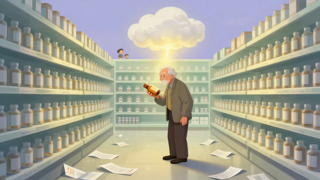 An elderly person in an empty pharmacy aisle, light lifting dizziness as family appears in distance.