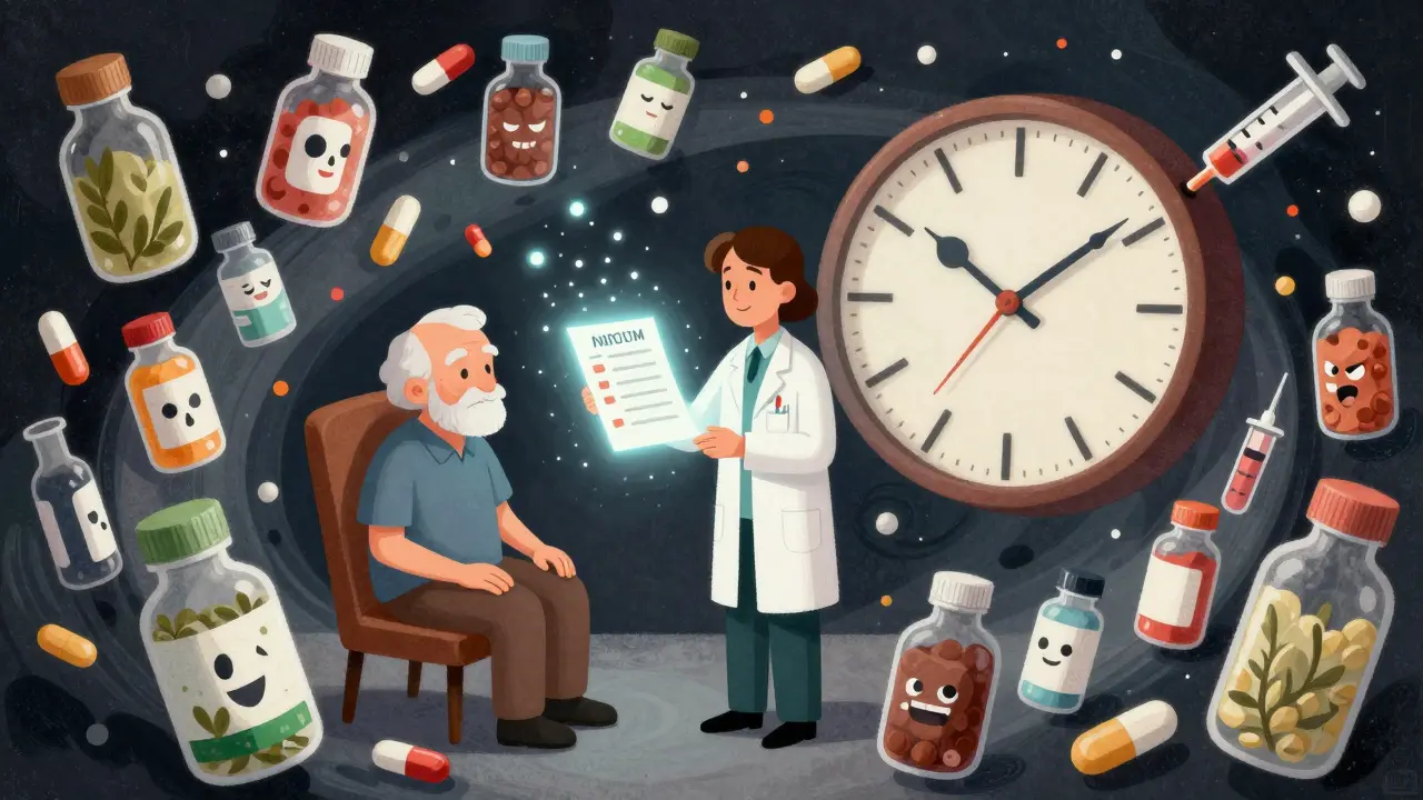 Elderly person surrounded by floating dangerous meds, calmed by a pharmacist holding a protective checklist.