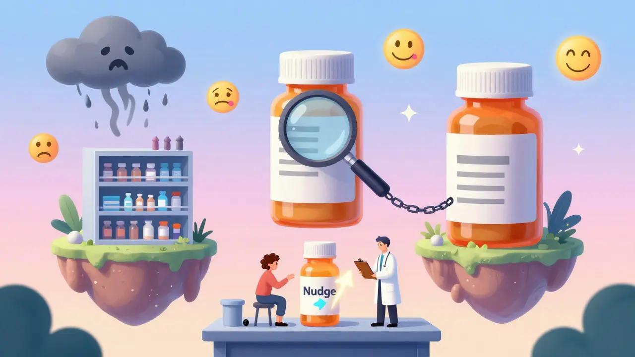 Floating prescription bottles in a sky of emotional icons, with a doctor gently guiding a patient toward a generic alternative.