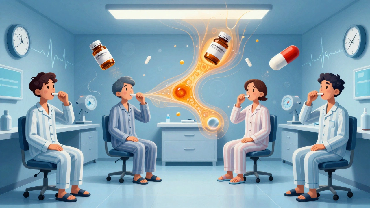 Four patients in a clinical trial room, each swallowing pills as their bloodstreams form fractal patterns under cold blue light.