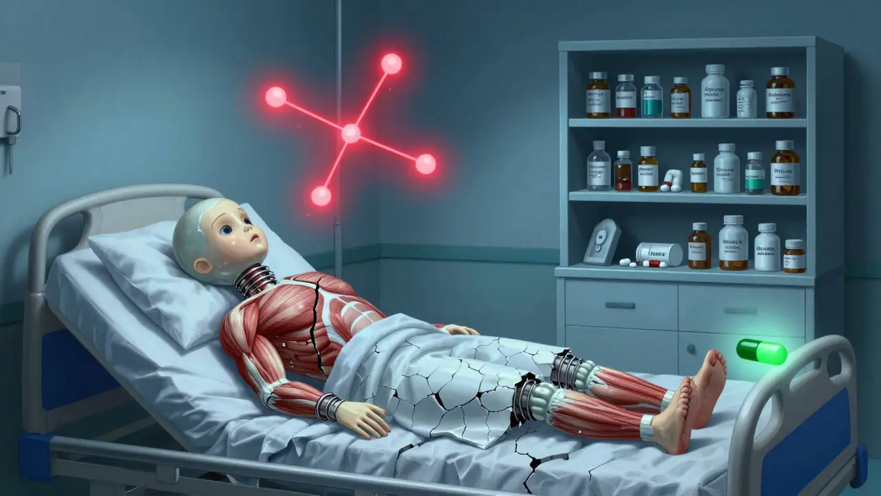 Patient as cracked porcelain doll with spring-like muscles, tetrad constellation above, ondansetron capsule glowing in darkness.