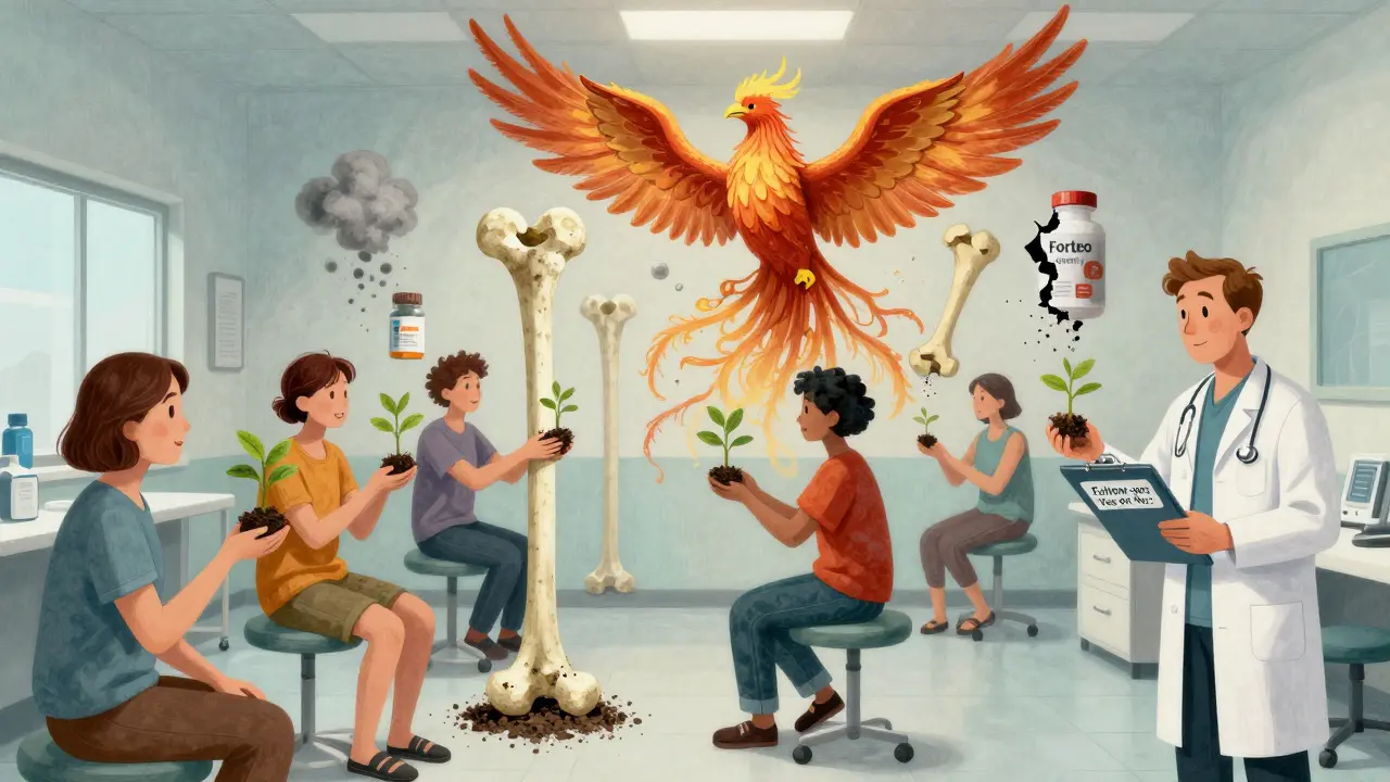 Patients receiving growing bone seedlings in a surreal clinic, while supplement bottles turn to ash behind them.