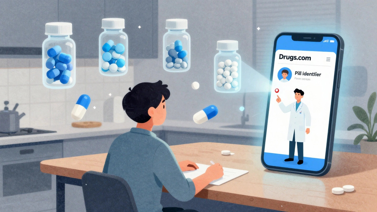 Person at table with ghost images of past pills, smartphone showing pill identifier, tiny pharmacist pointing at alert.