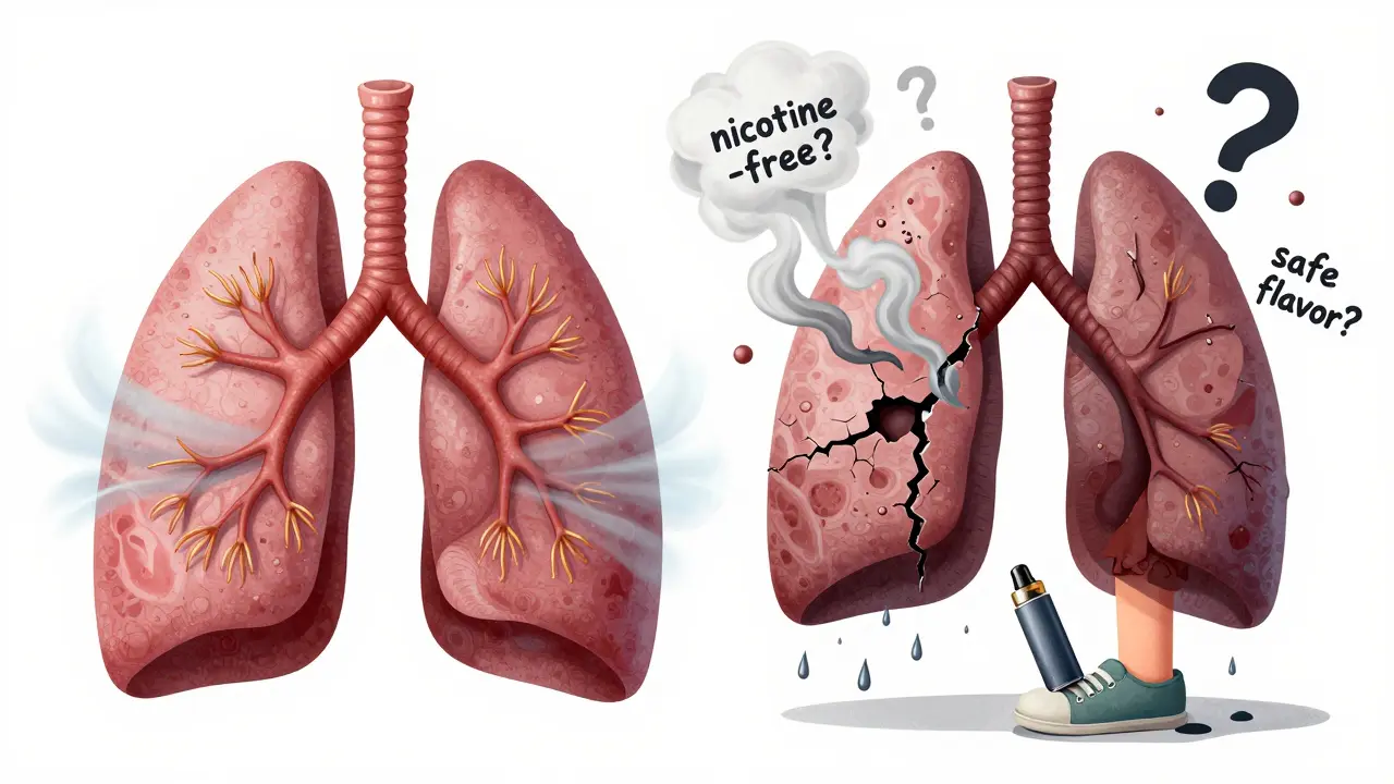 Split view: healthy lung vs. damaged lung, with vape toxins dripping toward a child's shoe.