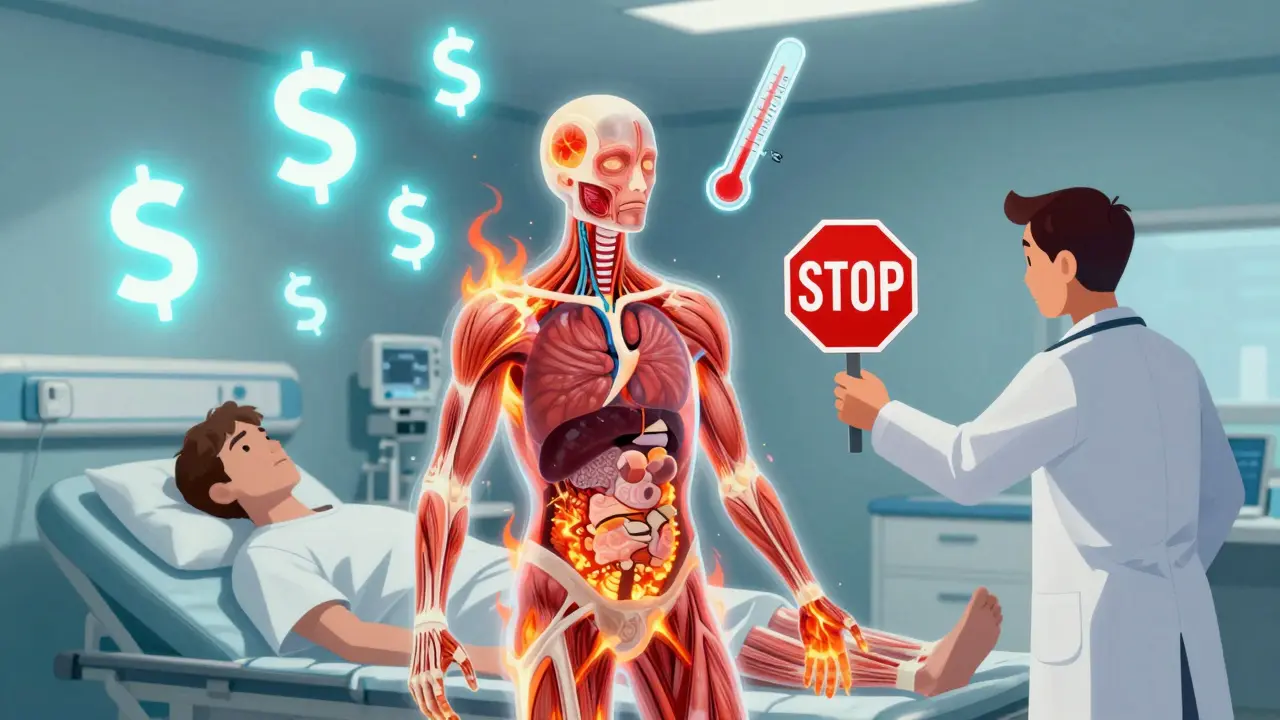 Translucent patient with overheating organs and floating warning S’s in an ER surreal scene.