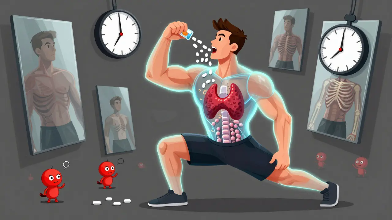 Transparent fitness figure with thyroid swallowing pills, one side muscular, the other crumbling, surrounded by floating body image mirrors.