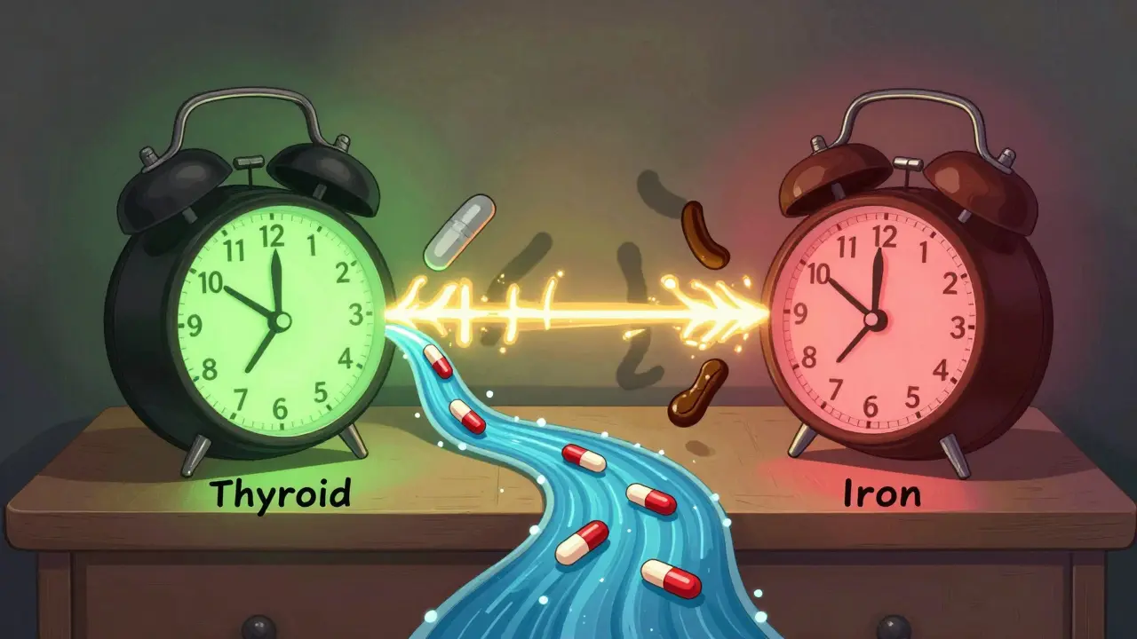 Two alarm clocks labeled thyroid and iron separated by a golden 4-hour light barrier.