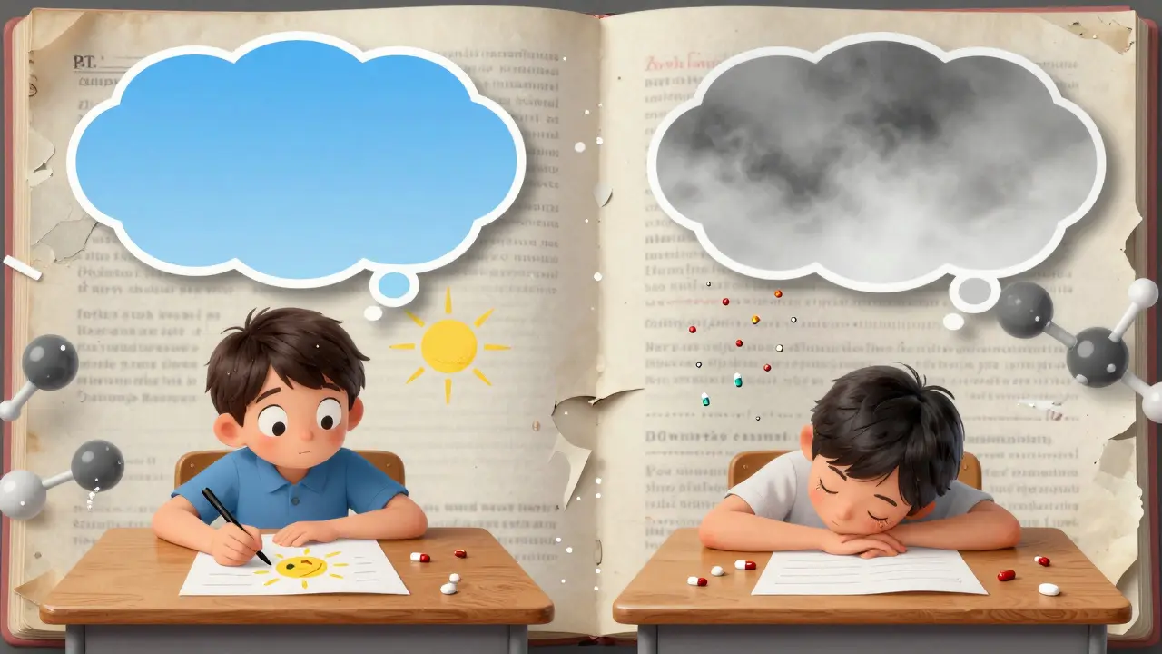Two children in classroom—one alert drawing a sun, the other asleep as pills rain down, contrasting thought bubbles above.