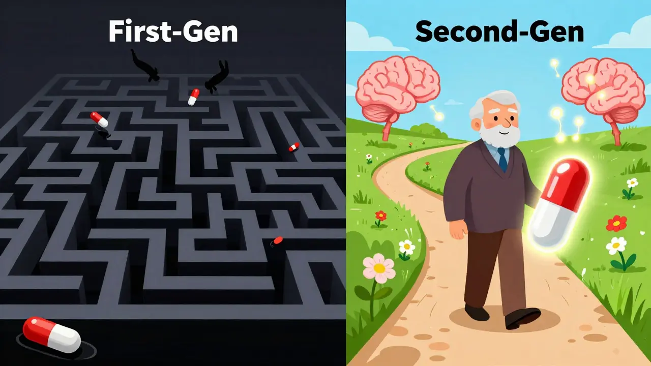 Two paths diverge: one dark and collapsing with pills, the other bright and open with a senior walking beside a safe medication.