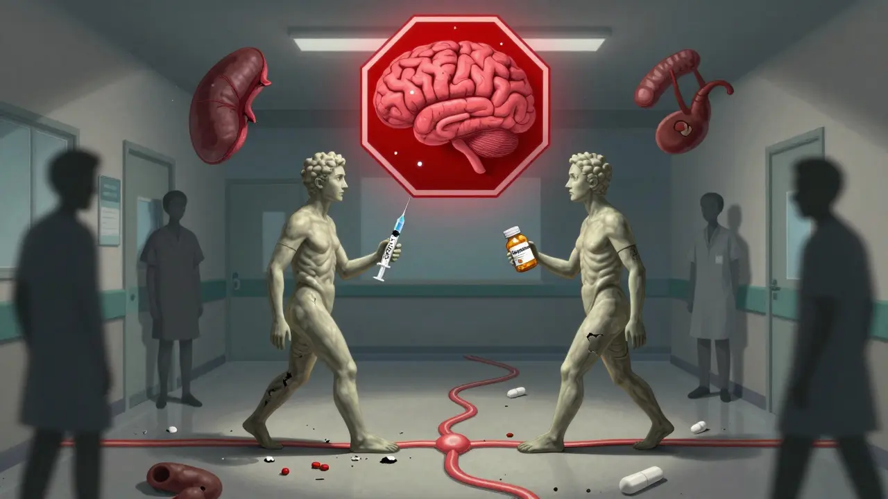 Two patients morphing into statues as dopamine pathways collapse, FDA warning sign glowing above in a distorted hallway.