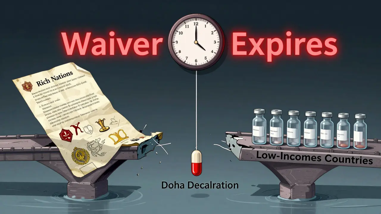 A broken bridge separates rich and poor nations, with one generic pill hanging from a fading waiver thread.