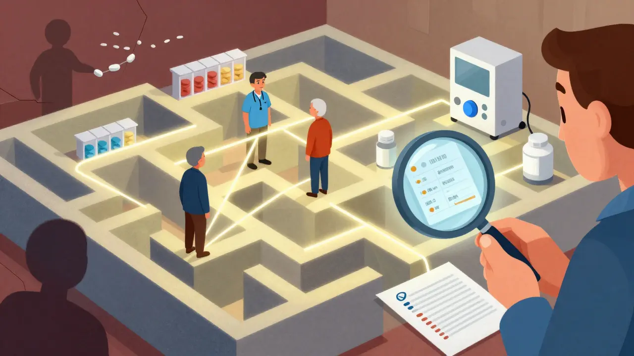 A caregiver and elderly person linked by glowing threads through a maze of pill organizers and medical charts, with a pharmacist holding a magnifying glass over a perfect list.