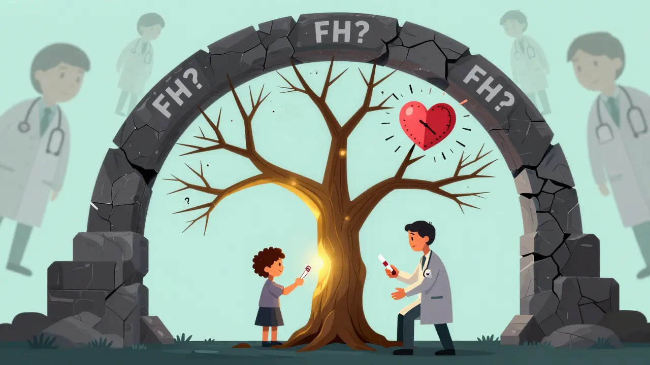 A crumbling family tree with glowing and broken branches, symbolizing diagnosed and missed familial hypercholesterolemia cases.