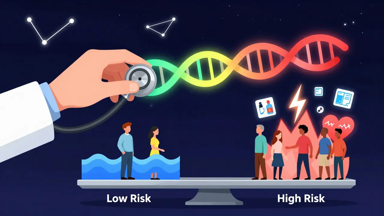 A doctor's stethoscope as a DNA strand, with patients on a risk scale under floating QT intervals in a cosmic setting.