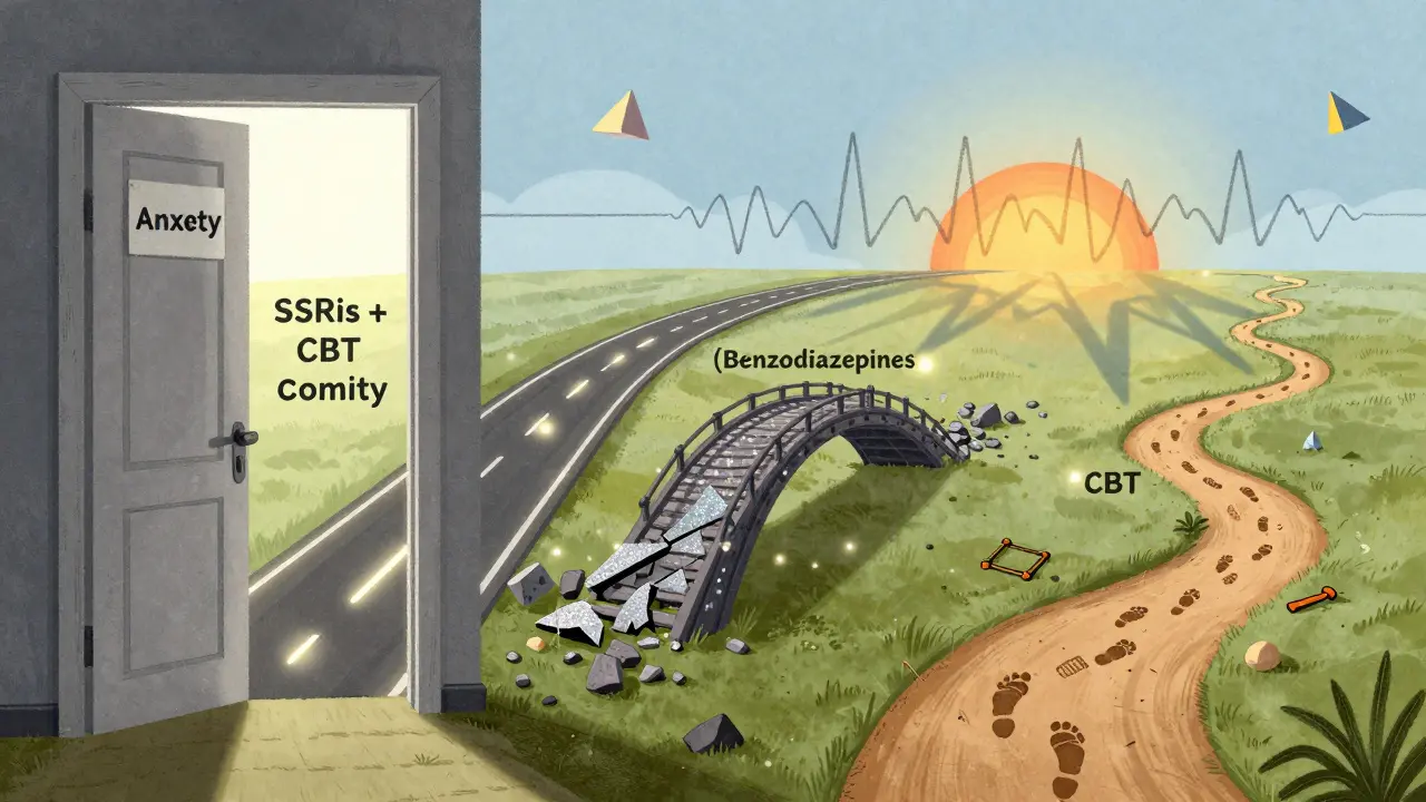 A door opening to a landscape with three paths symbolizing anxiety treatments under a rising sun.
