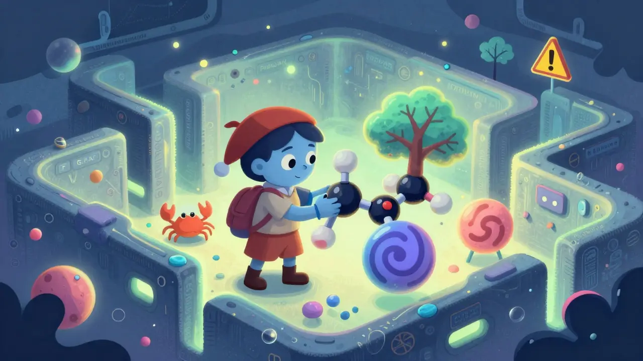 A drug molecule hugging unintended protein shapes in a glowing maze, representing off-target interactions.