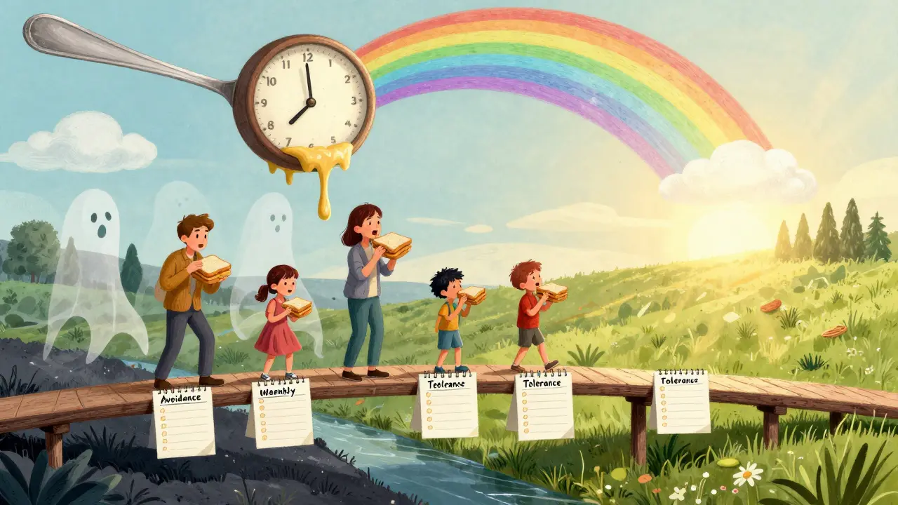 A family crossing a bridge from avoidance to tolerance, eating peanut butter as ghost foods fade, with a melting clock-spoon above.