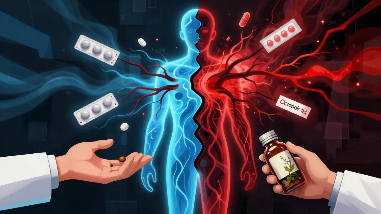 A fractured person with one side calm and the other exploding with dangerous herbal roots.