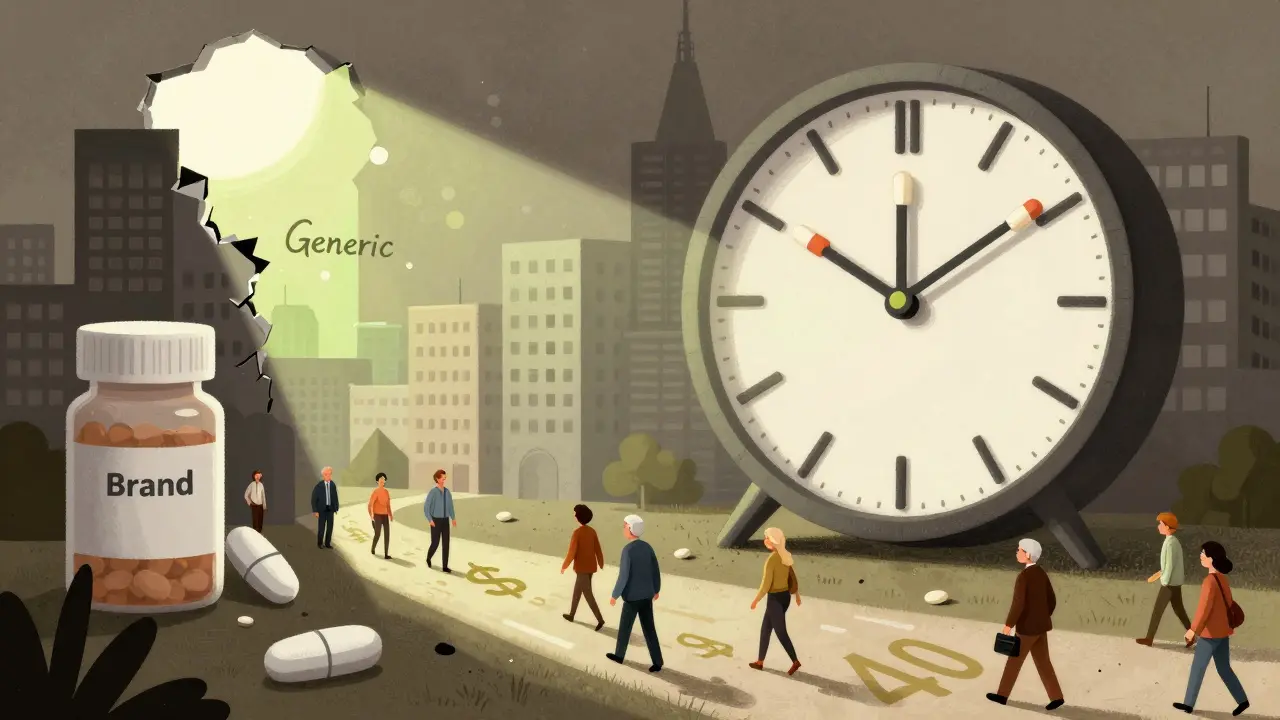 A giant clock ticks over a city of pill-shaped buildings, one crumbling as sunlight reveals savings symbols on a path below.