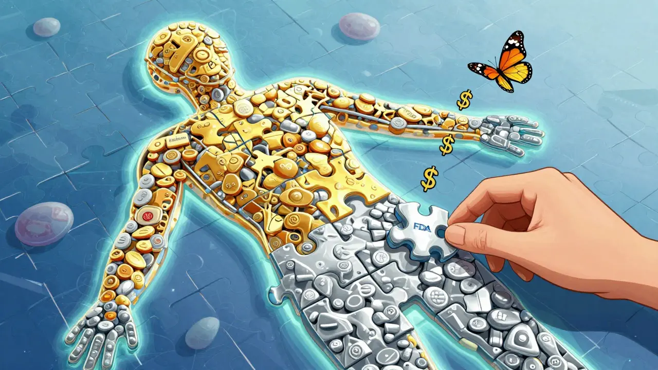 A human body puzzle made of gold and silver cell pieces, fully assembled and glowing, with dollar signs turning into butterflies above.