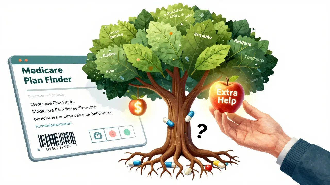 A kaleidoscopic tree with drug-name leaves and dollar-sign fruit, a hand reaching for an 'Extra Help' apple.