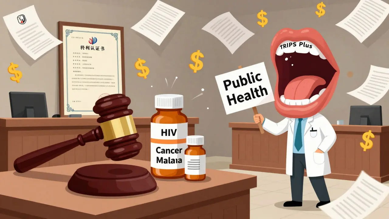 A patent gavel crushes medicine bottles as corporate logos consume a public health sign.