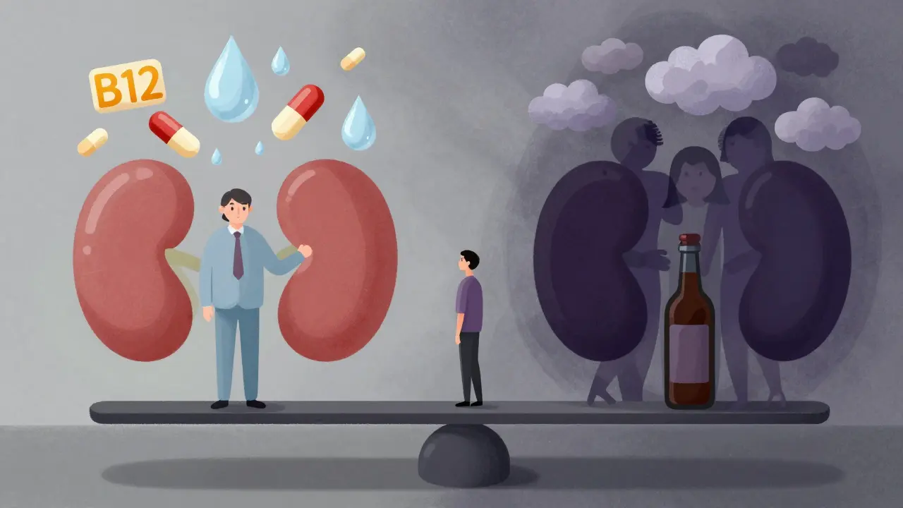A person balanced between two surreal worlds—one safe with vitamins and water, the other dark with organ failure symbols—representing proper vs. risky metformin use.