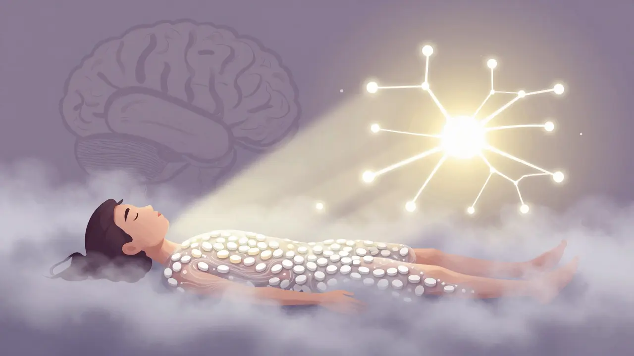 A person emerging from a fog of pills, symbolizing gradual cognitive recovery after tapering.