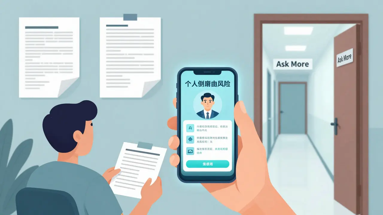 A person holding a phone showing personalized side effect predictions, with medical tools and an open door to clarity.