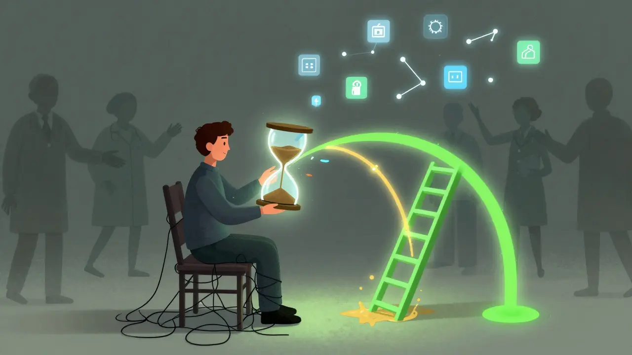 A person on a floating chair with worry threads, holding an hourglass splitting into three treatment streams.