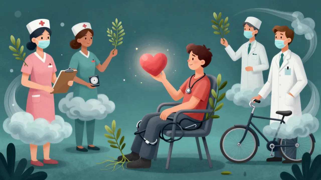 A person resting on a stethoscope chair as abstract healthcare figures float nearby in a dreamy sky.